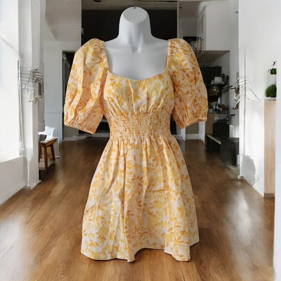 Peony Swimwear Linen Smocked Mini Dress Daffodil Floral Dress- M - Picture 2 of 11